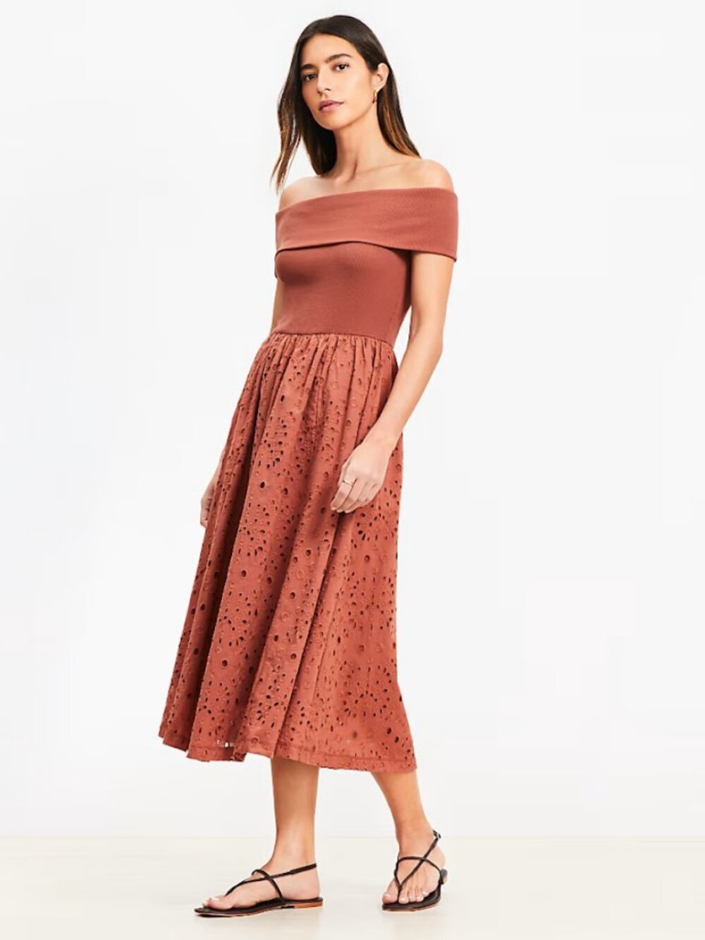 NWOT LOFT Off the Shoulder Rib Knit Mixed Media Eyelet Terra Cotta Midi Dress 8